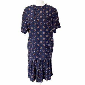 Vintage 1980s Maggy London Silk 2 Piece Blouse & Skirt Set Blue Gold Size 8